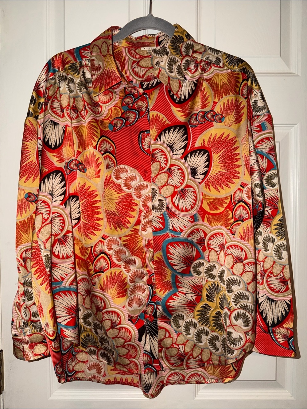 JODIFL Retro Multicolor Floral-Print Button-Up Blouse in Red, Yellow & Black